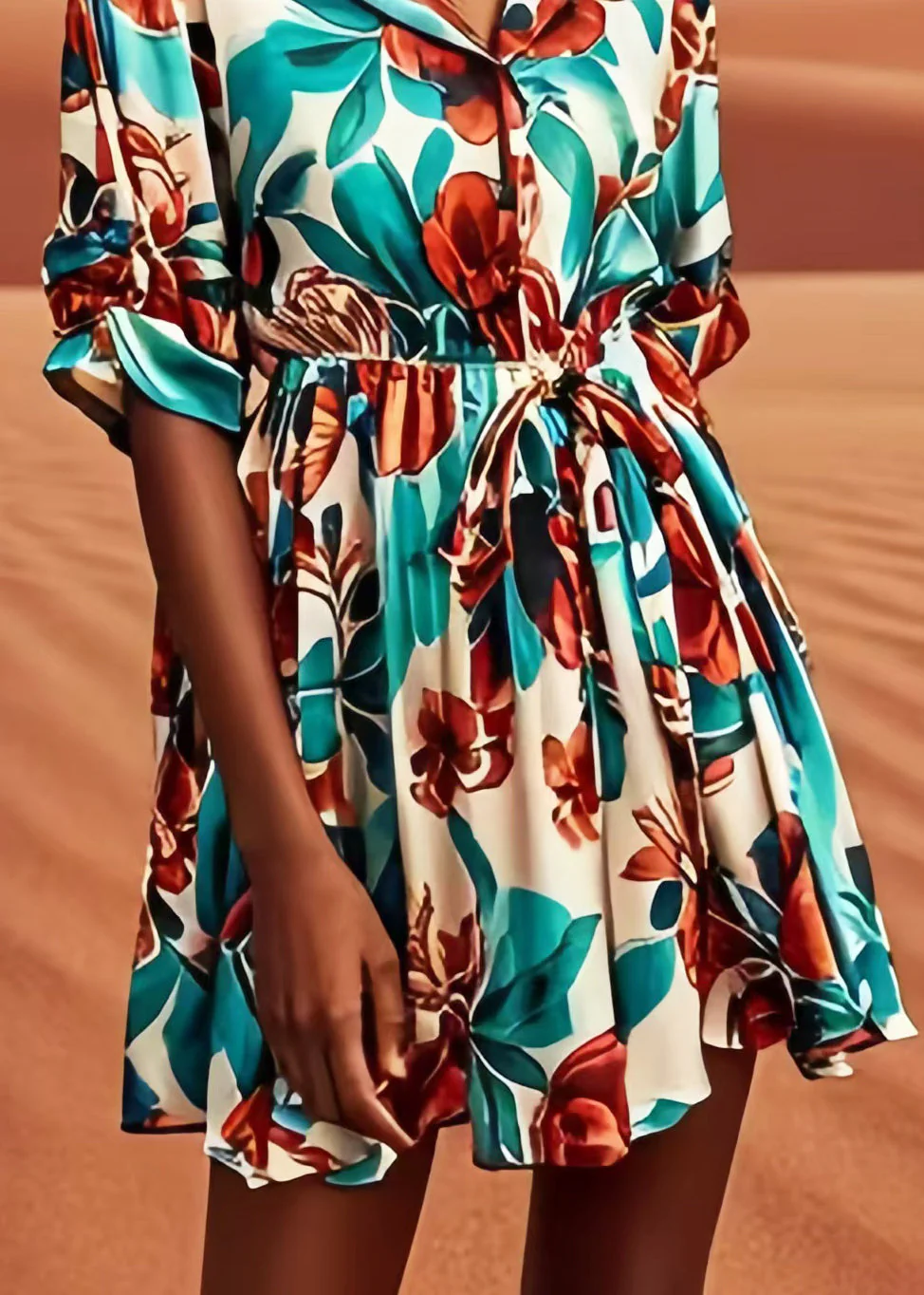 French Green Cinched Print Silk Day Dress Summer - Image 5