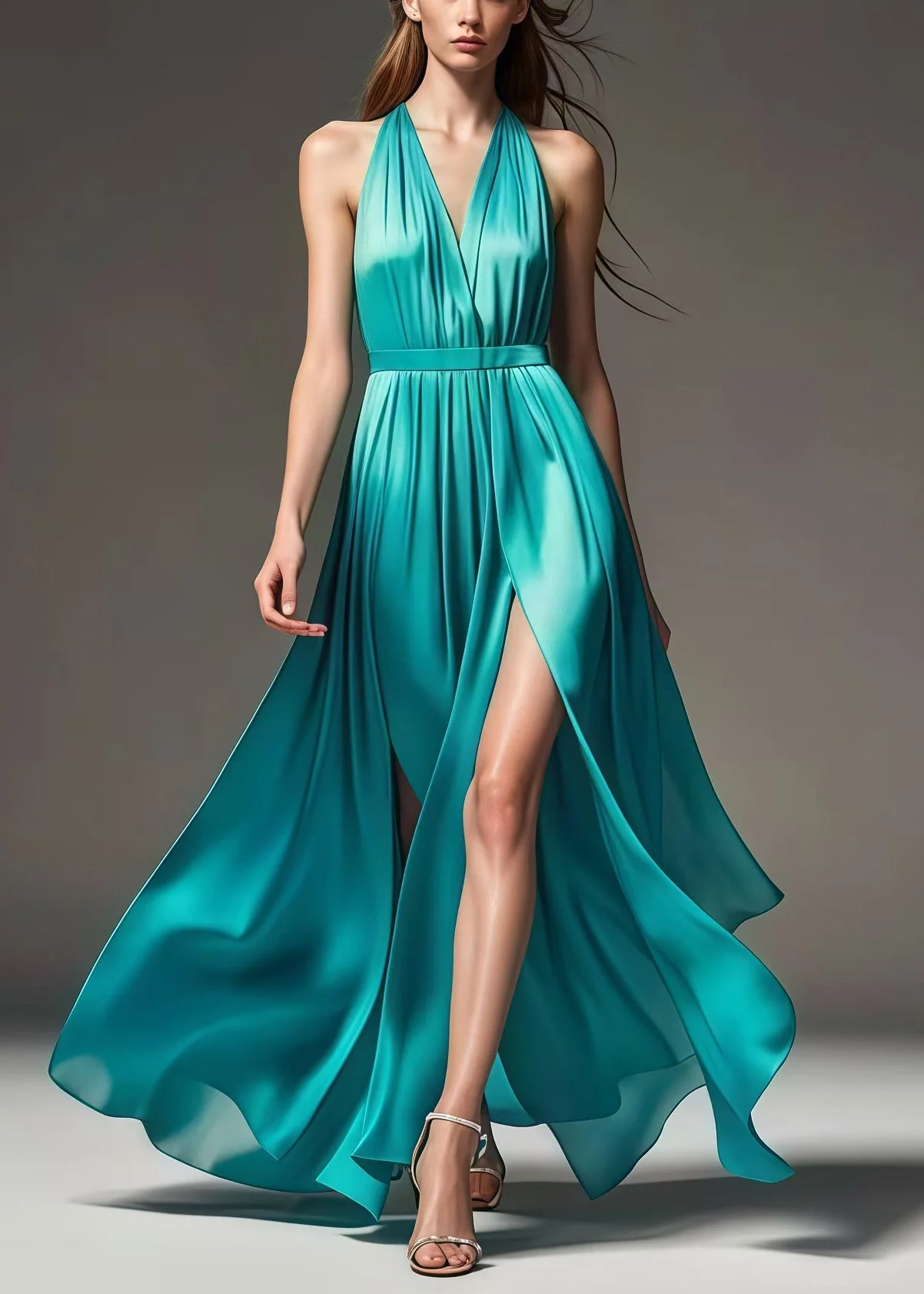 French Green Cold Shoulder Exra Large Hem Side Open Silk Full Dress Summer - Image 3