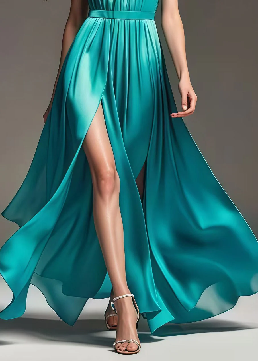 French Green Cold Shoulder Exra Large Hem Side Open Silk Full Dress Summer - Image 4