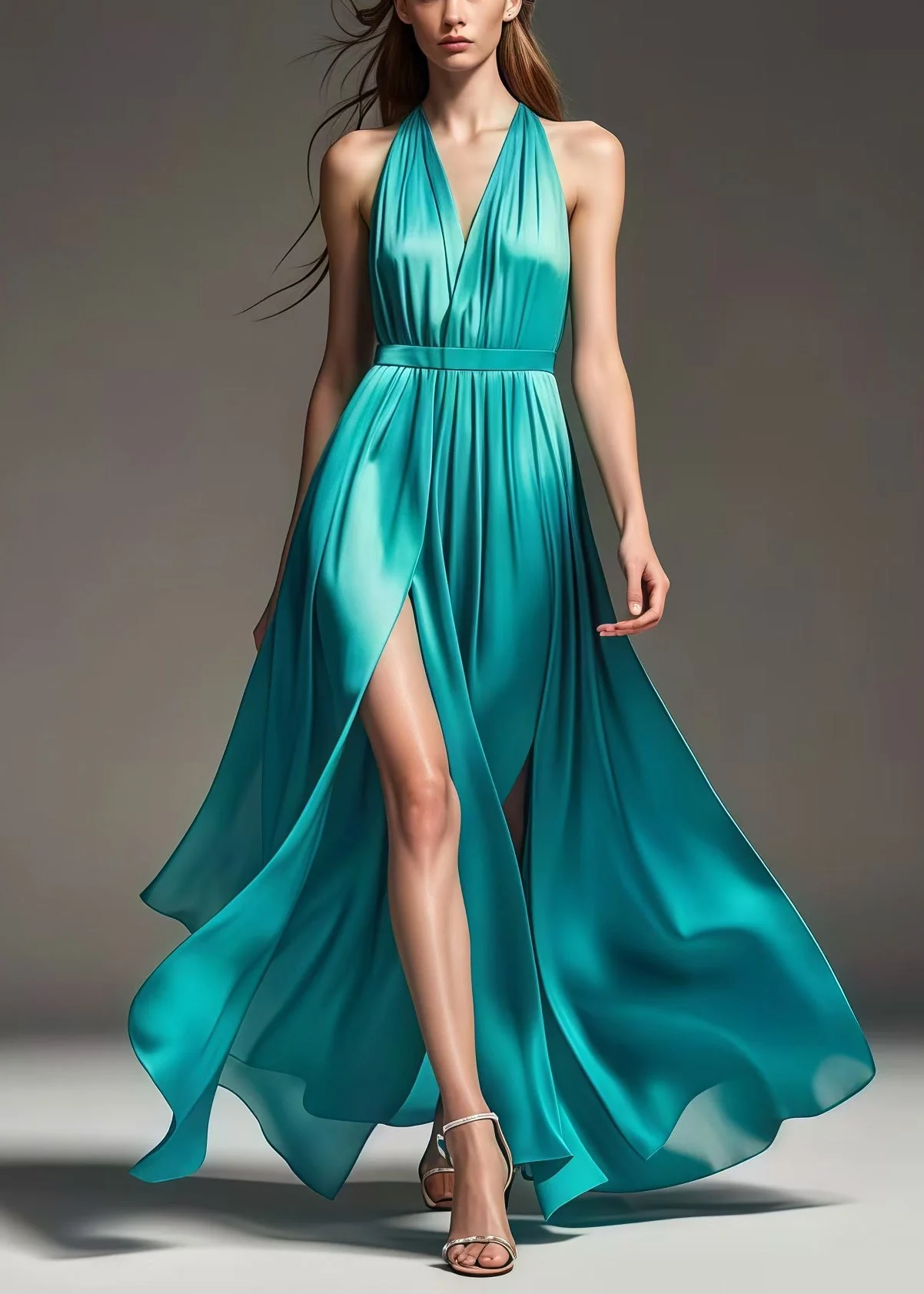 French Green Cold Shoulder Exra Large Hem Side Open Silk Full Dress Summer - Image 5