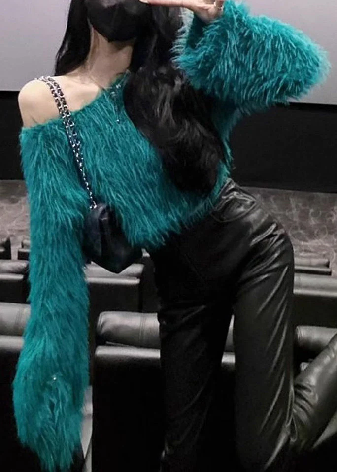 French Green Cold Shoulder Mink Hair Knitted Sweaters Spring - Image 3