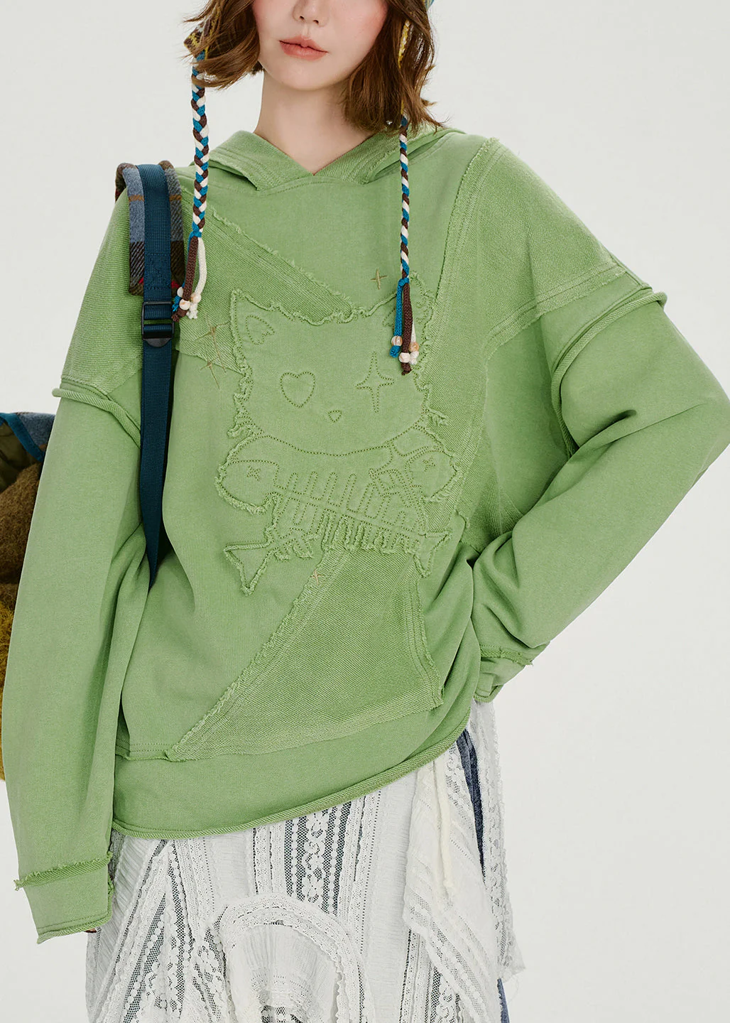 French Green Embroidered Hooded Cotton Loose Sweatshirts Top Spring - Image 2