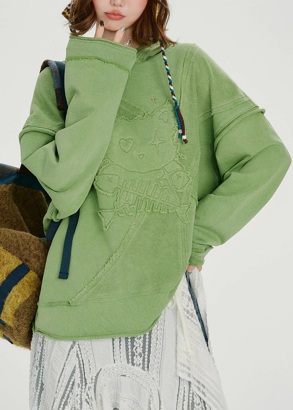 French Green Embroidered Hooded Cotton Loose Sweatshirts Top Spring - Image 3