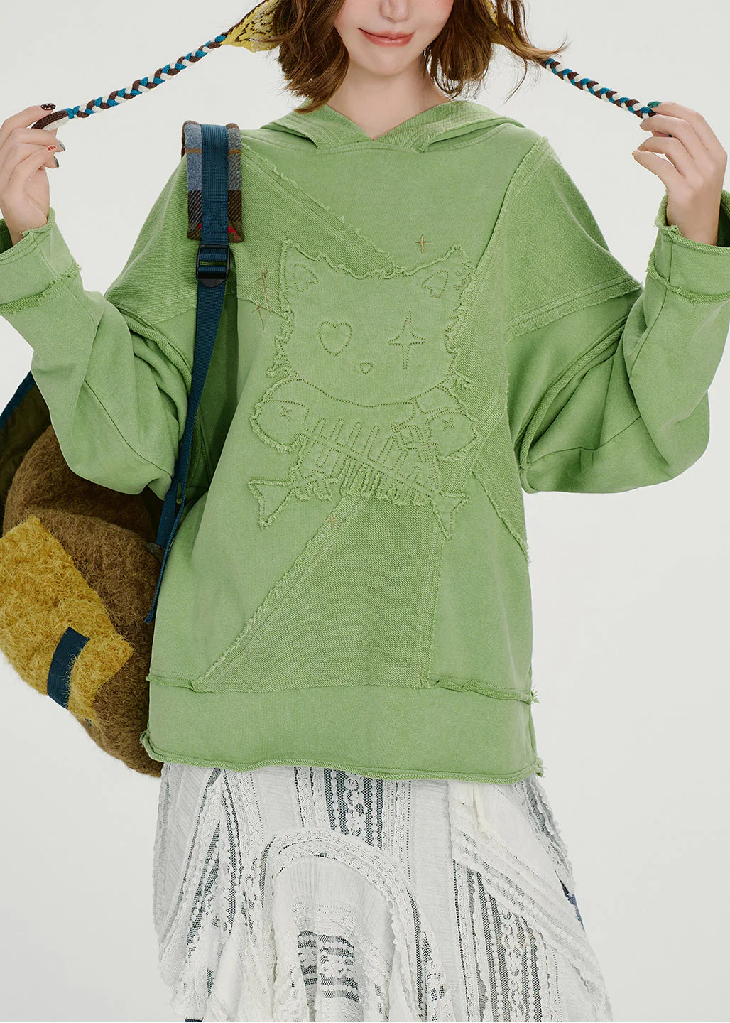French Green Embroidered Hooded Cotton Loose Sweatshirts Top Spring - Image 4
