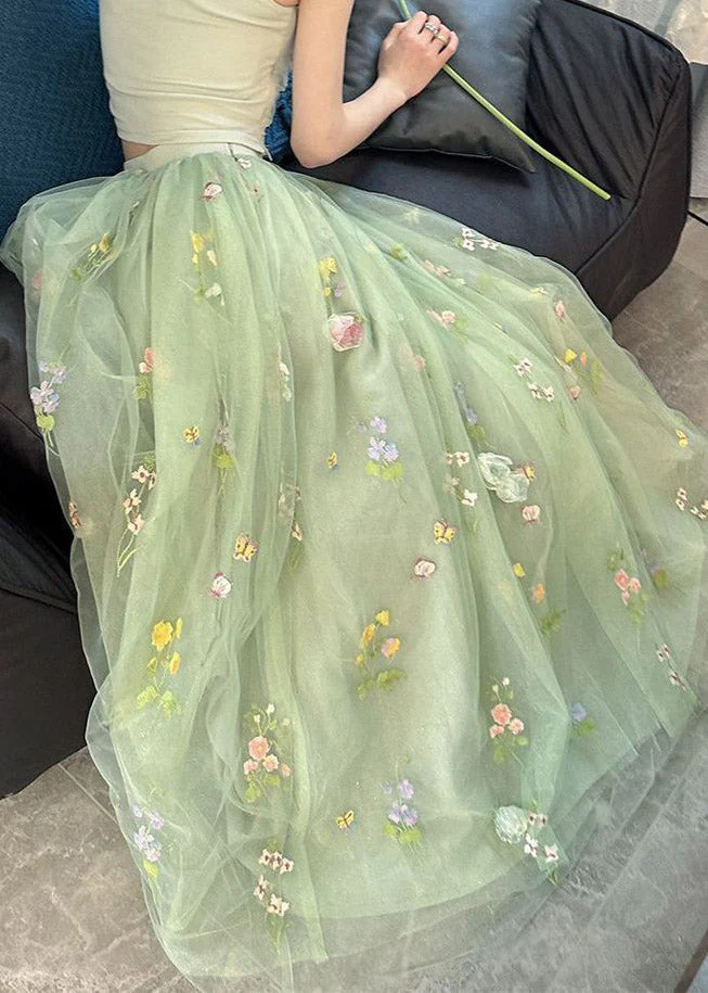 French Green Floral Elastic Waist Tulle Maxi Skirts Summer - Image 2