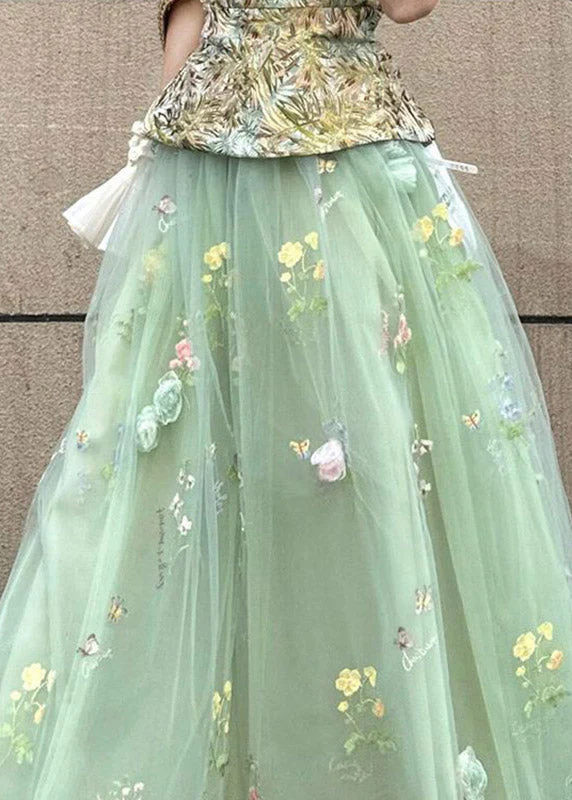 French Green Floral Elastic Waist Tulle Maxi Skirts Summer - Image 3