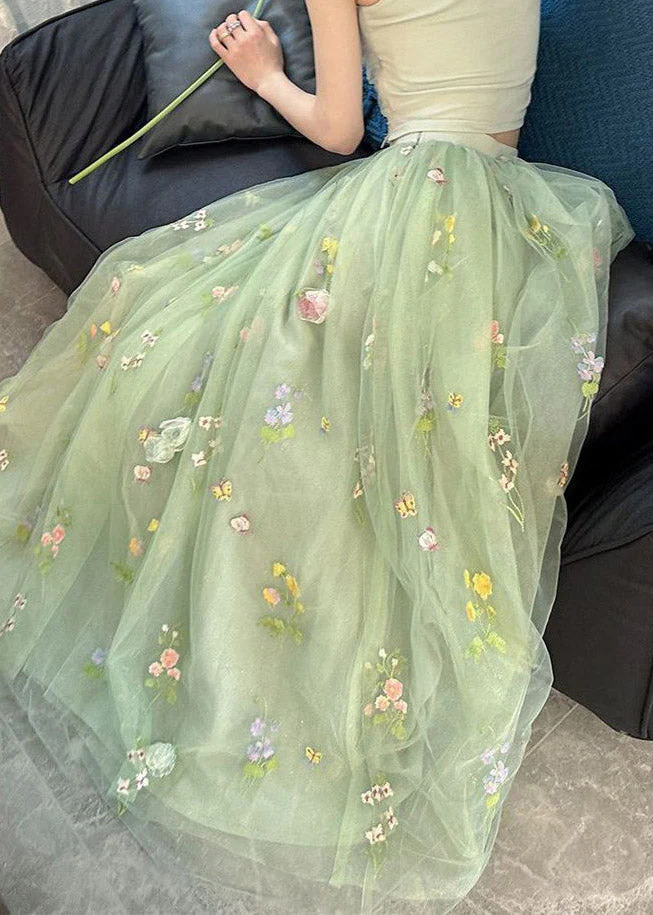 French Green Floral Elastic Waist Tulle Maxi Skirts Summer - Image 4