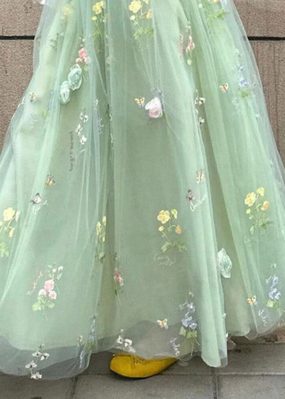 French Green Floral Elastic Waist Tulle Maxi Skirts Summer - Image 5