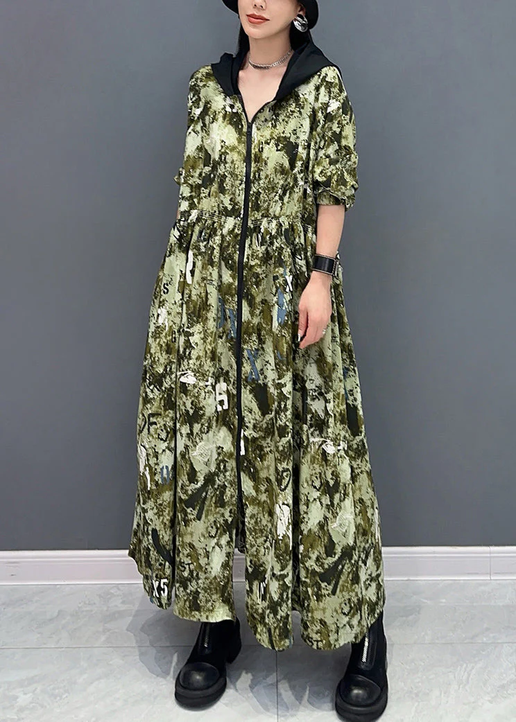 French Green Hooded Print Pockets Cotton Long Dress Summer - Image 3