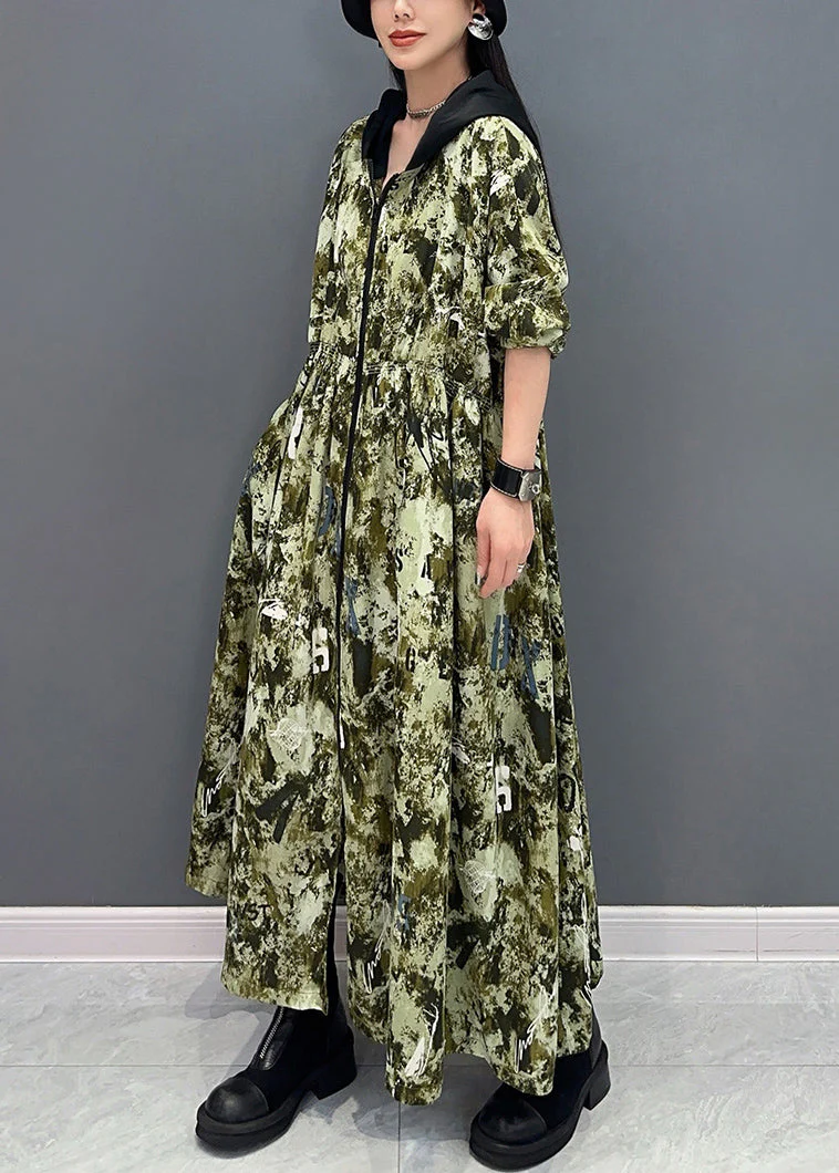 French Green Hooded Print Pockets Cotton Long Dress Summer - Image 4