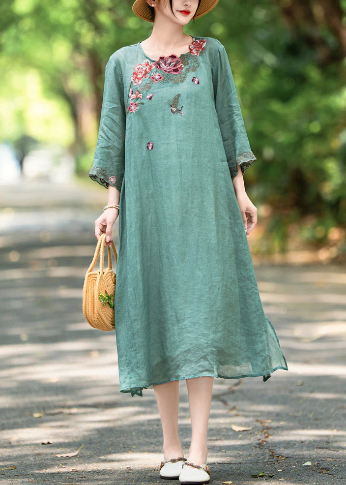 French Green O Neck Embroidered Side Open Linen Dress Bracelet Sleeve - Image 3