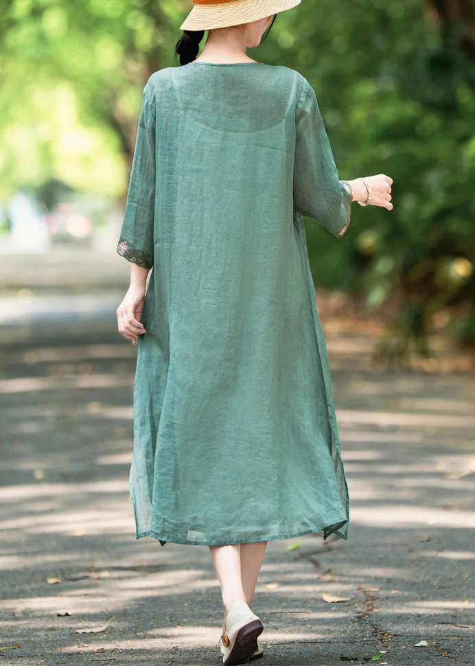 French Green O Neck Embroidered Side Open Linen Dress Bracelet Sleeve - Image 4