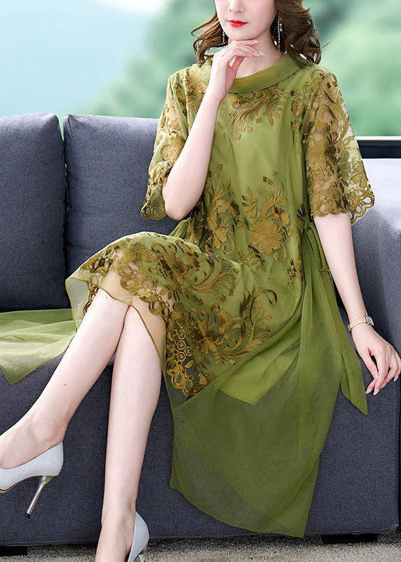French Green O-Neck Embroideried Tulle Patchwork Silk Dress Summer - Image 3