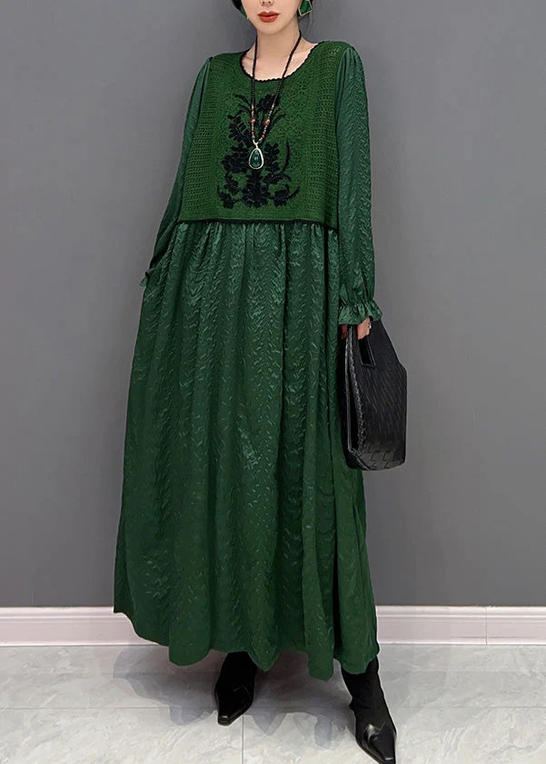 French Green O-Neck Patchwork Knit Maxi Dresses Winter - Image 3