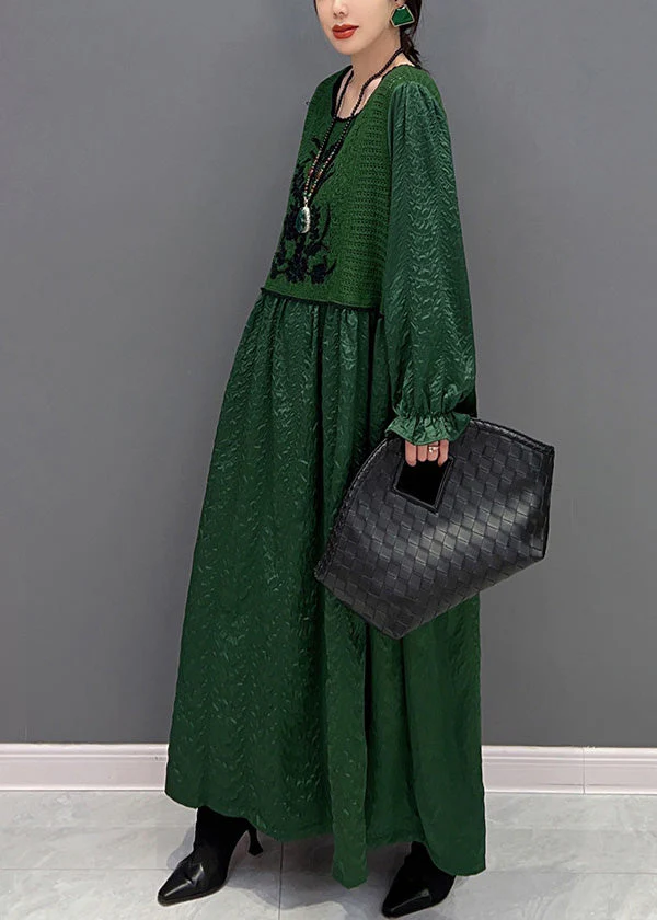 French Green O-Neck Patchwork Knit Maxi Dresses Winter - Image 4