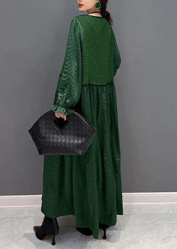 French Green O-Neck Patchwork Knit Maxi Dresses Winter - Image 5