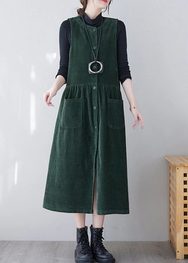 French Green O-Neck Patchwork Pockets Corduroy Vacation Dresses Spring - Image 2