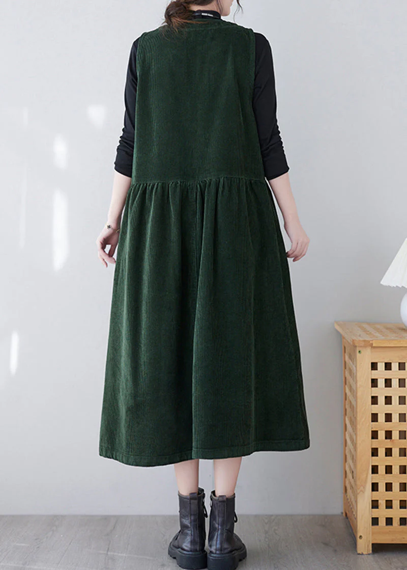 French Green O-Neck Patchwork Pockets Corduroy Vacation Dresses Spring - Image 4