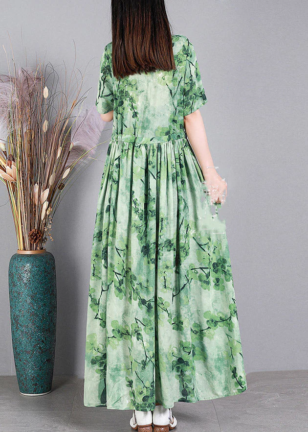 French Green O-Neck Print Linen Long Dress Short Sleeve - Image 3