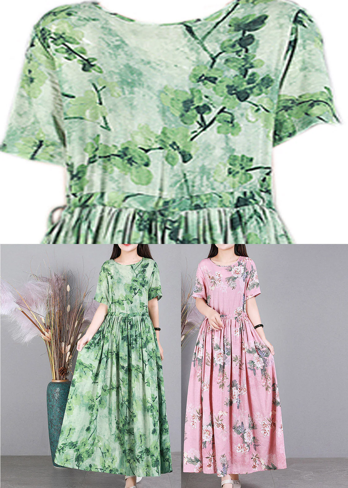 French Green O-Neck Print Linen Long Dress Short Sleeve - Image 4