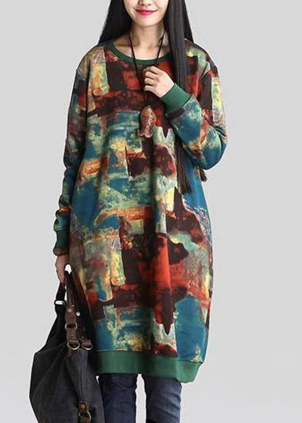 French Green O-Neck Print Warm Fleece Sweatshirts Dress Winter - Image 2