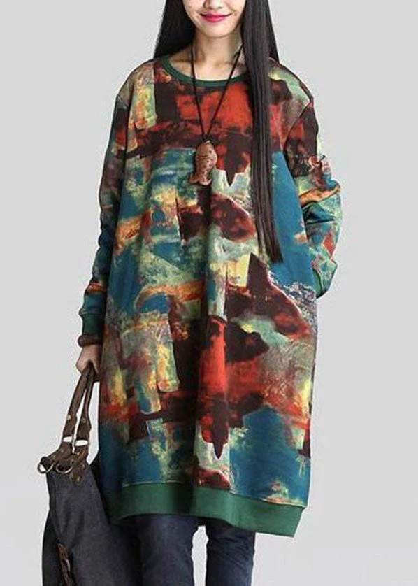 French Green O-Neck Print Warm Fleece Sweatshirts Dress Winter - Image 3