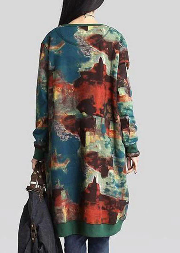 French Green O-Neck Print Warm Fleece Sweatshirts Dress Winter - Image 4