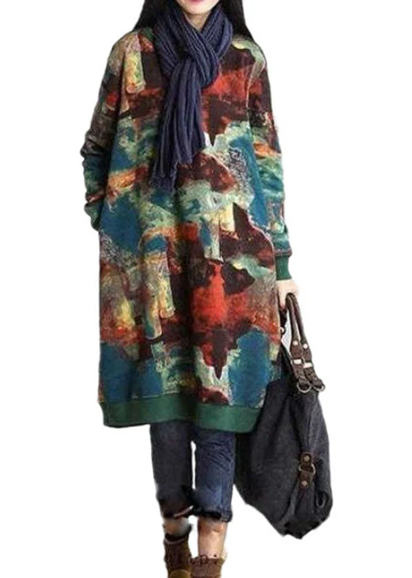 French Green O-Neck Print Warm Fleece Sweatshirts Dress Winter - Image 5