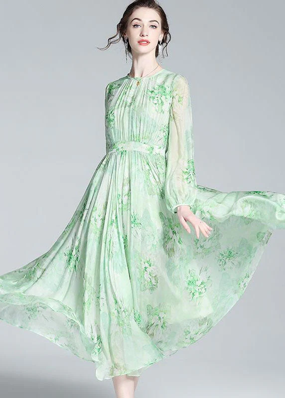French Green O Neck Wrinkled Patchwork Silk Dresses Summer - Image 2