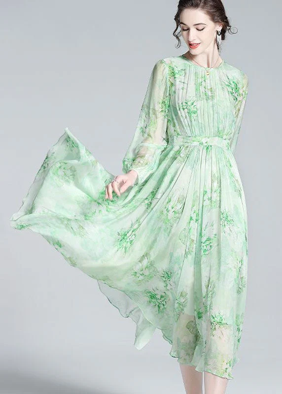 French Green O Neck Wrinkled Patchwork Silk Dresses Summer - Image 3