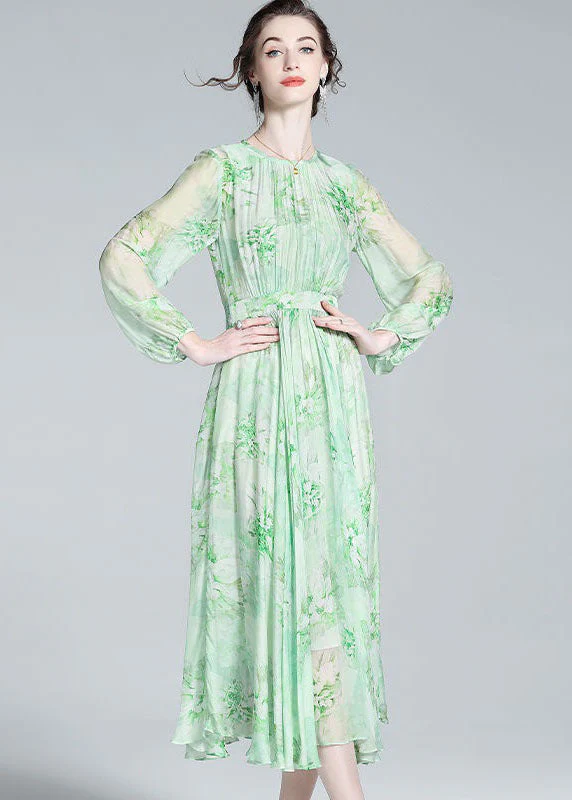 French Green O Neck Wrinkled Patchwork Silk Dresses Summer - Image 4