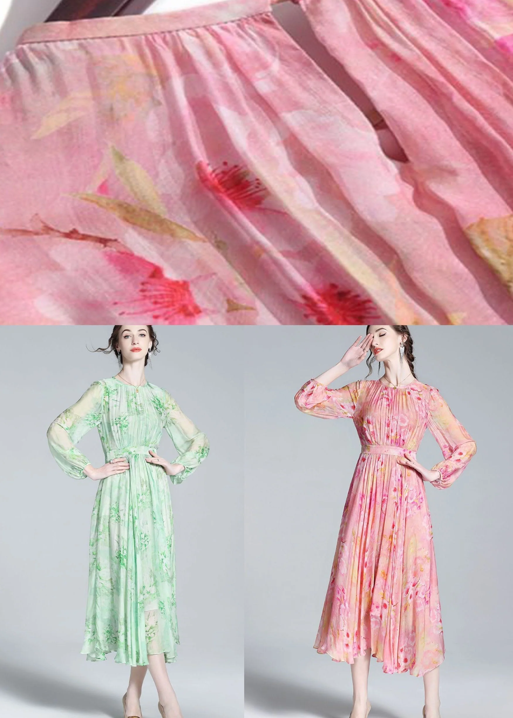 French Green O Neck Wrinkled Patchwork Silk Dresses Summer - Image 5