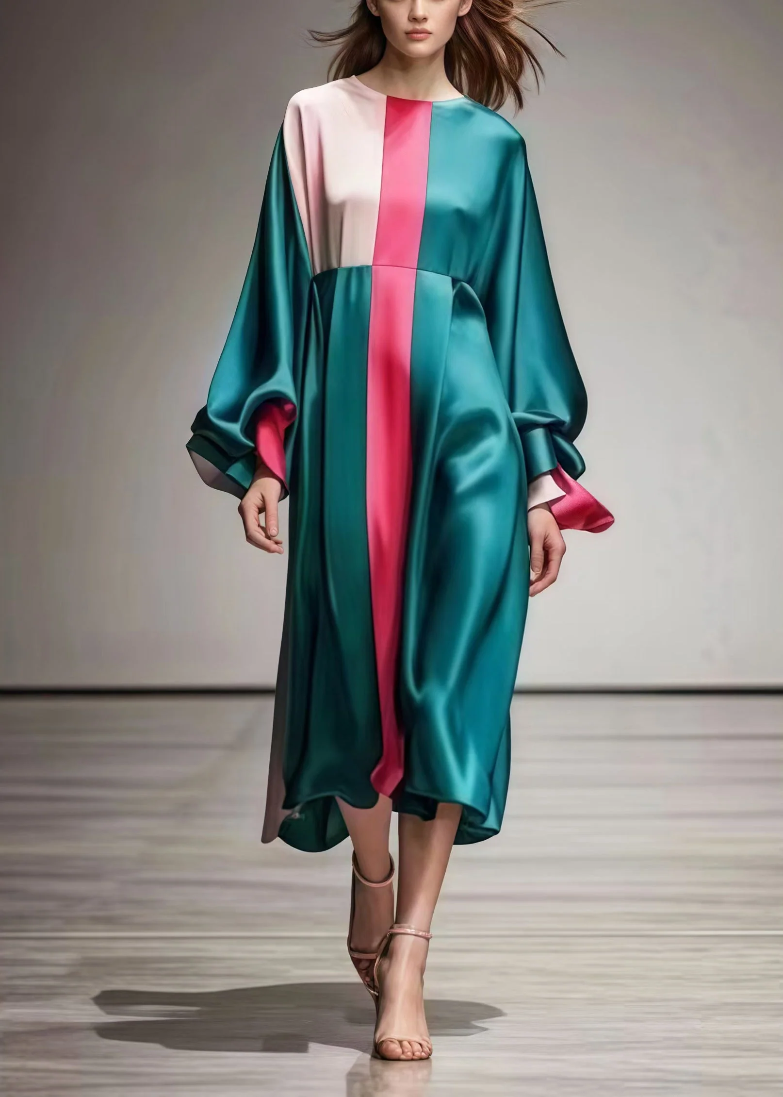French Green Oversized Patchwork Silk Dresses Lantern Sleeve - Image 2