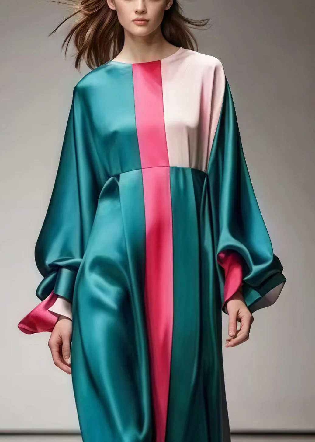 French Green Oversized Patchwork Silk Dresses Lantern Sleeve - Image 3