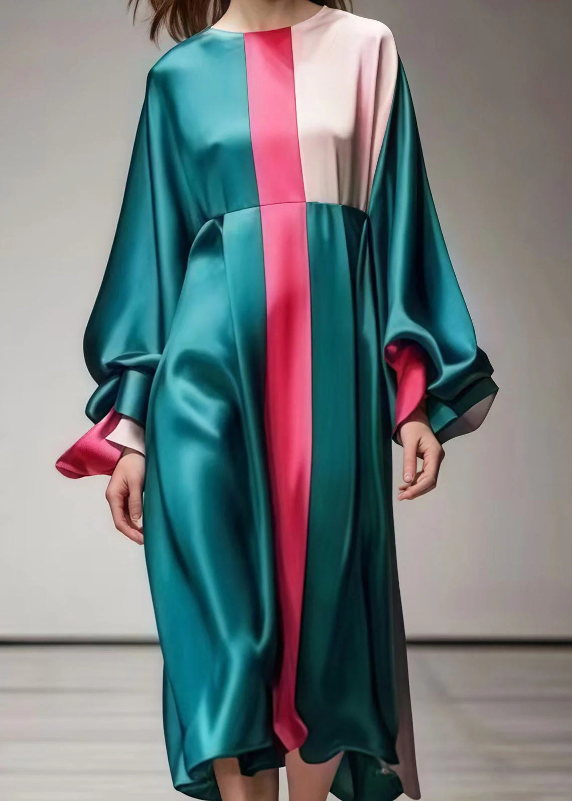 French Green Oversized Patchwork Silk Dresses Lantern Sleeve - Image 4