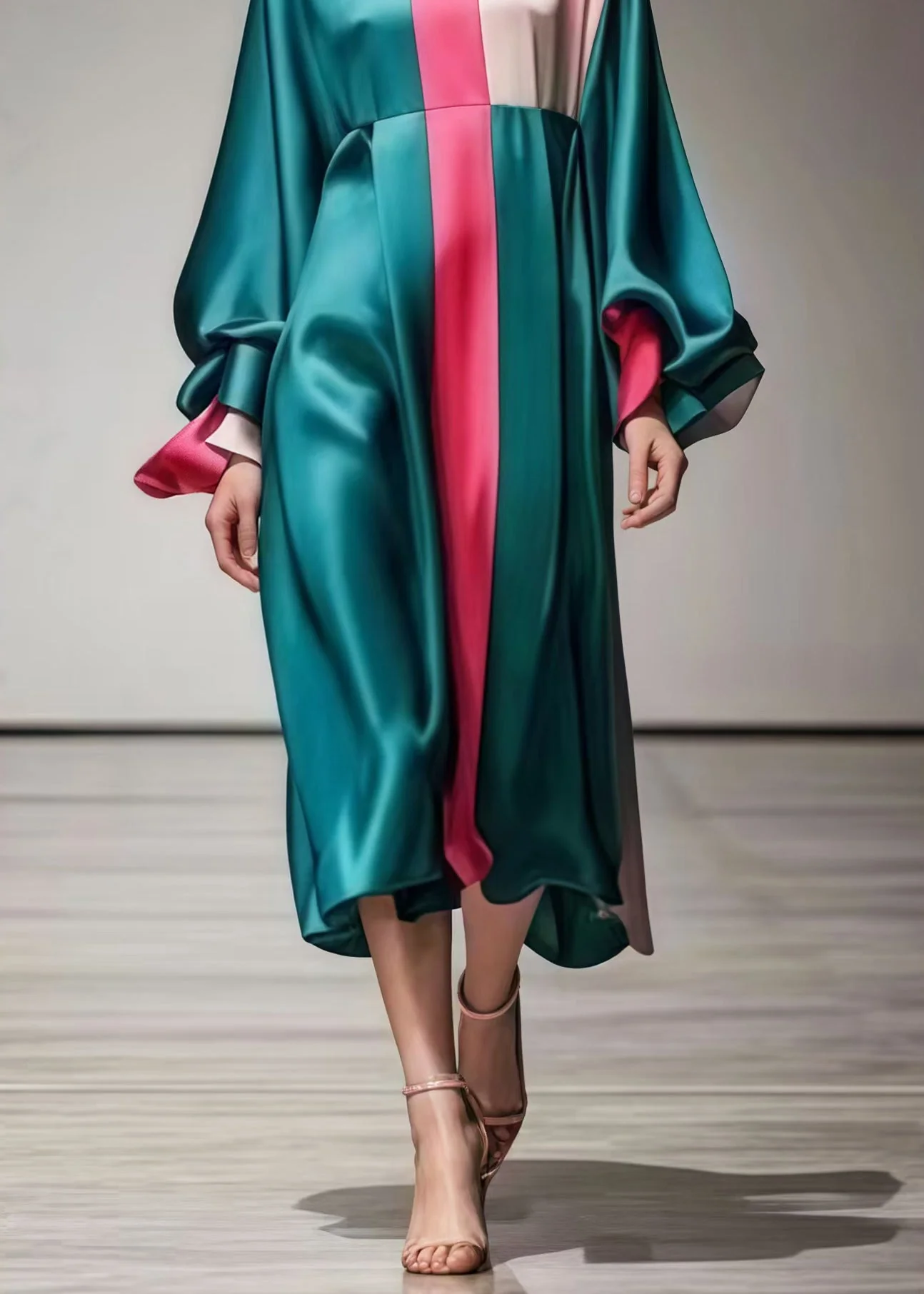 French Green Oversized Patchwork Silk Dresses Lantern Sleeve - Image 5