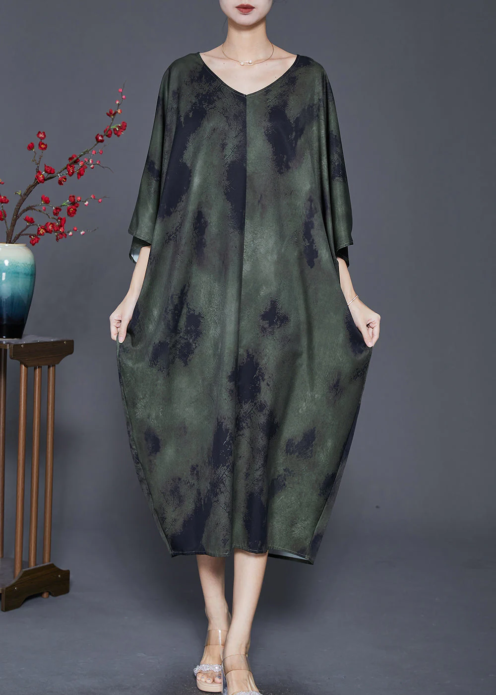 French Green Oversized Tie Dye Silk Dress Batwing Sleeve - Image 2