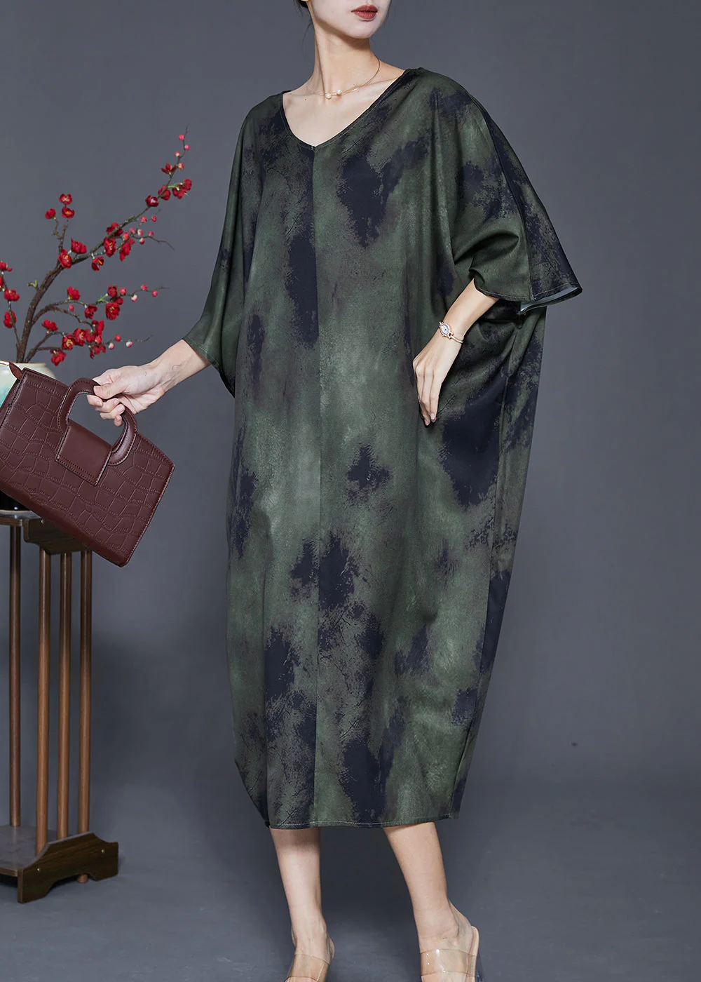 French Green Oversized Tie Dye Silk Dress Batwing Sleeve - Image 3