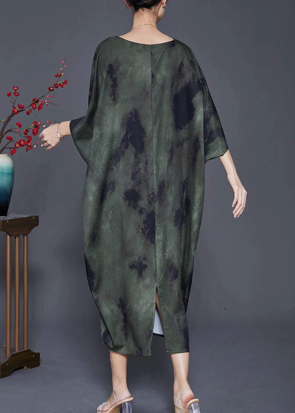 French Green Oversized Tie Dye Silk Dress Batwing Sleeve - Image 4