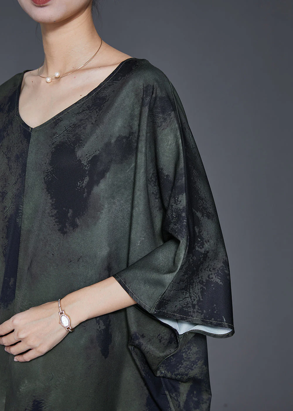 French Green Oversized Tie Dye Silk Dress Batwing Sleeve - Image 5