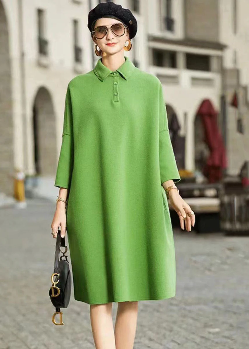French Green Peter Pan Collar Patchwork Woolen Maxi Dress Long Sleeve - Image 2