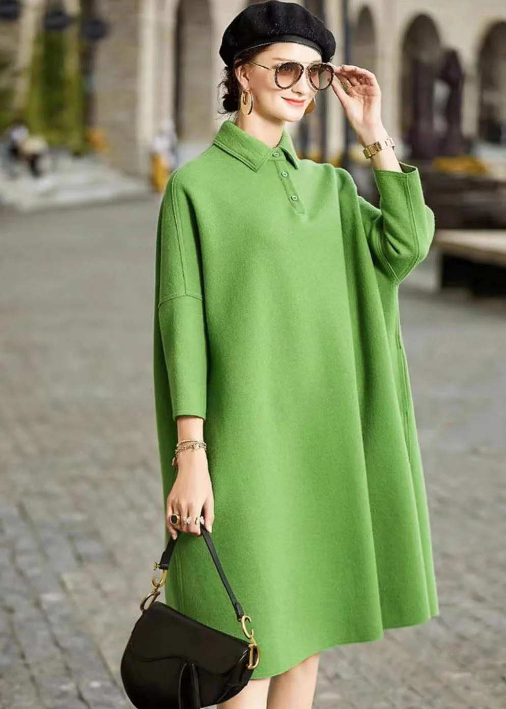 French Green Peter Pan Collar Patchwork Woolen Maxi Dress Long Sleeve - Image 3