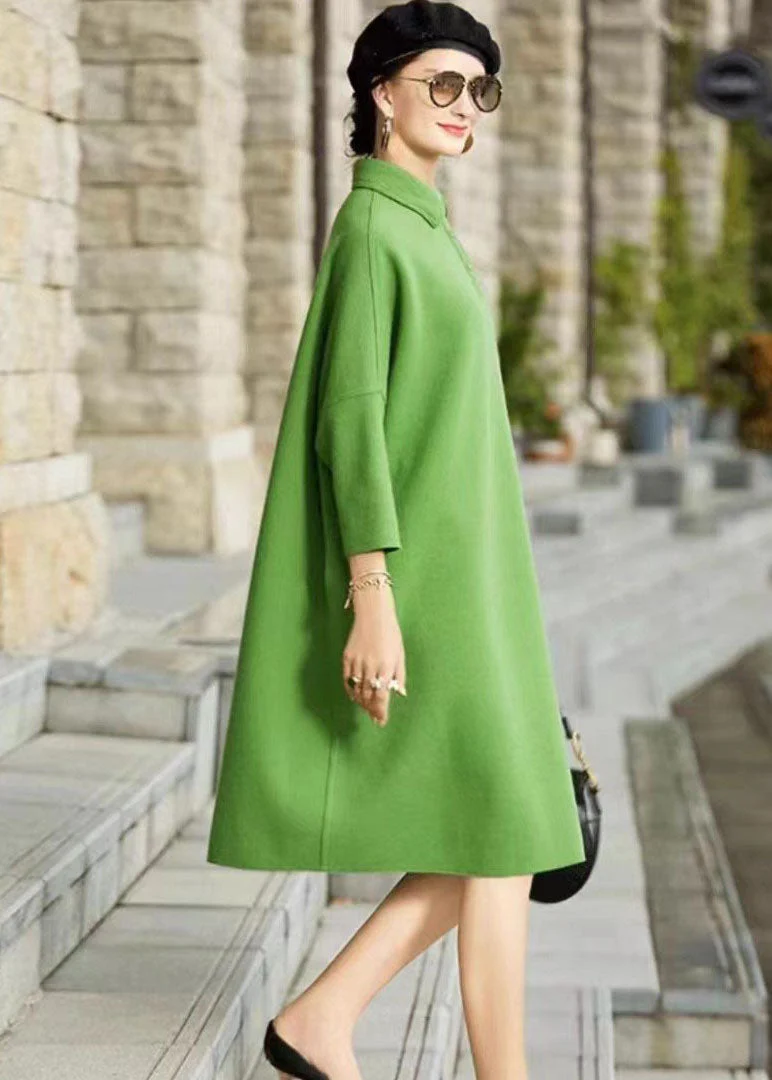French Green Peter Pan Collar Patchwork Woolen Maxi Dress Long Sleeve - Image 4