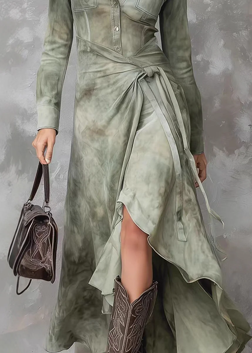 French Green Peter Pan Collar Tie Dye Lace Up Maxi Dresses Spring - Image 4