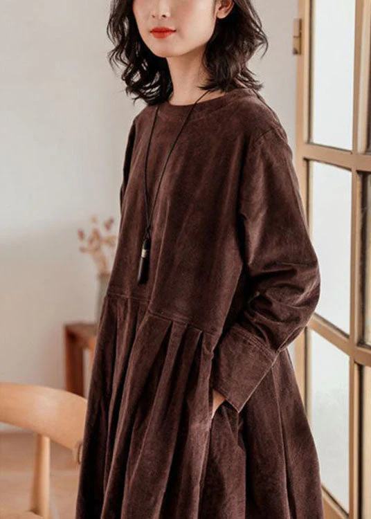 French Green Plus Size Corduroy Dress Pockets Button Patchwork Fall Dresses - Image 5
