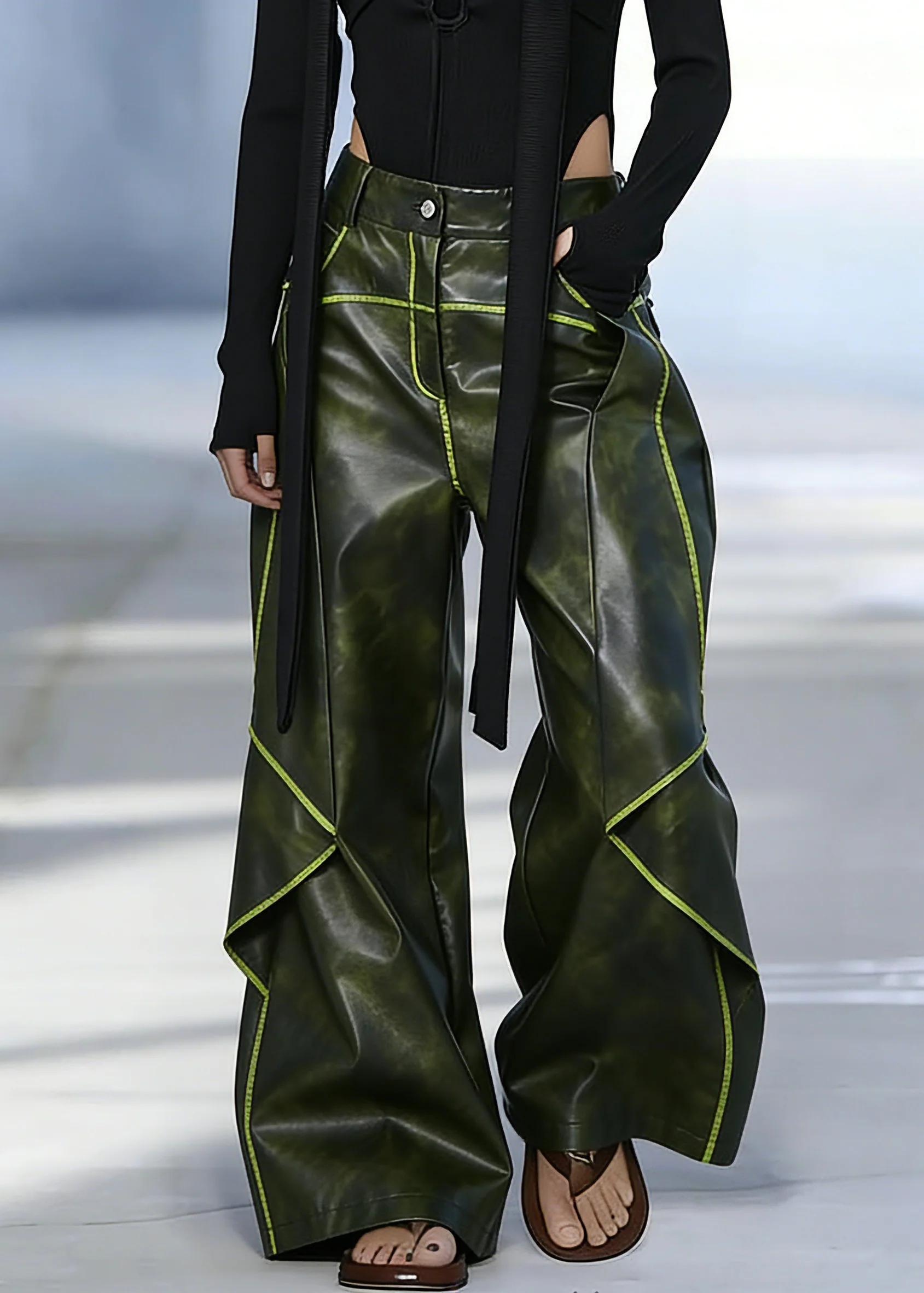 French Green Pockets High Waist Faux Leather Pants Spring - Image 3