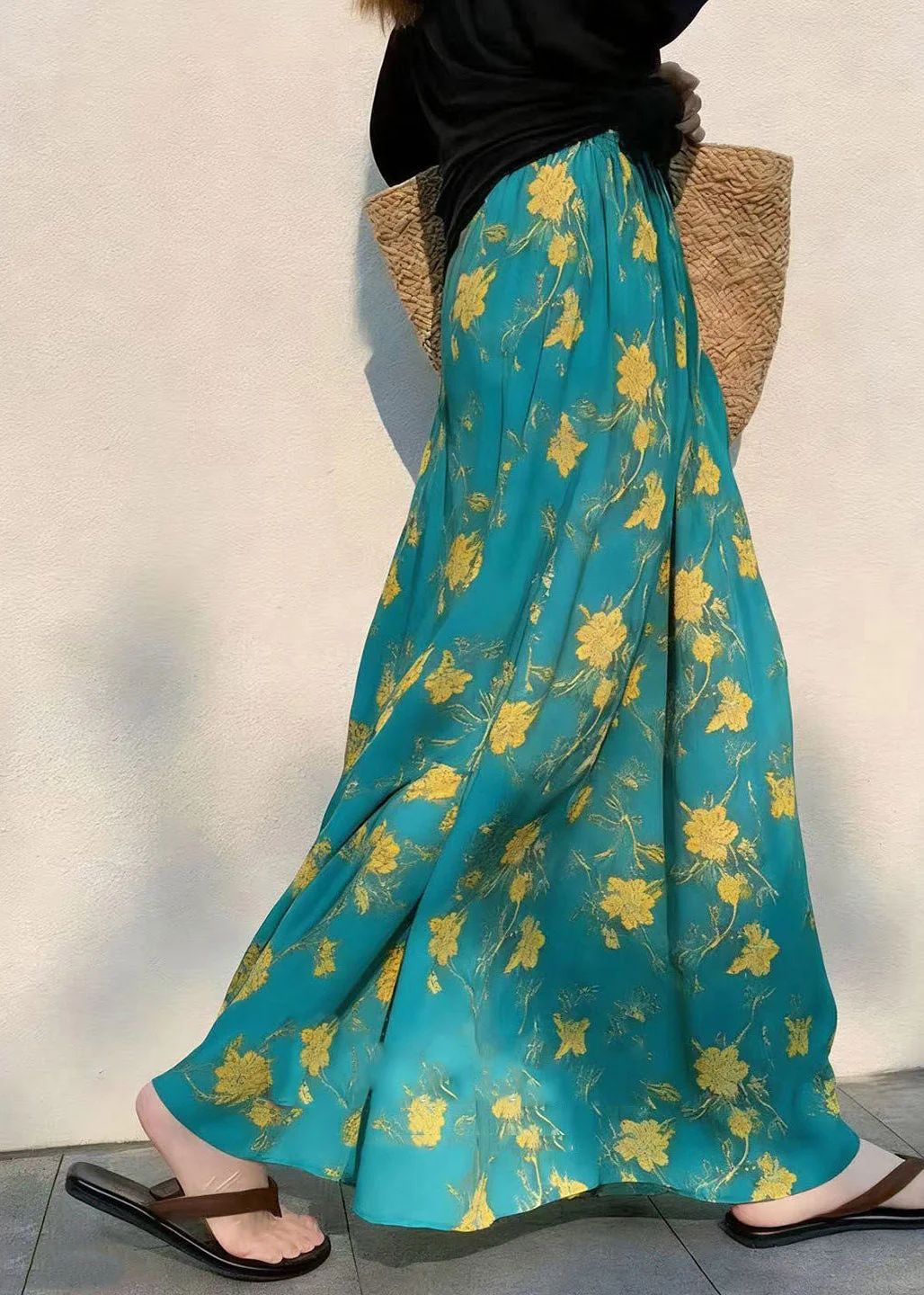French Green Print Elastic Waist Draping A Line Skirts - Image 3