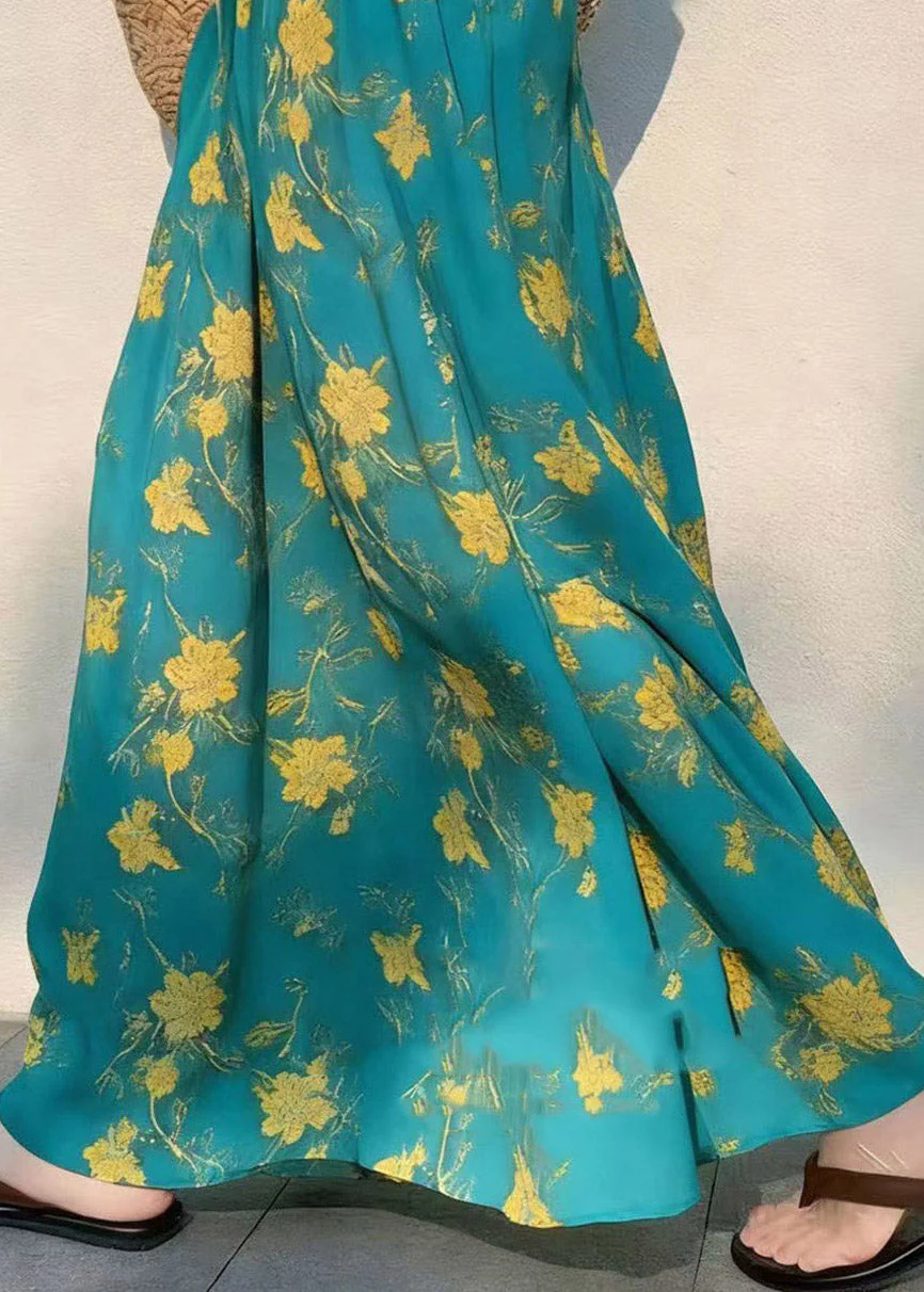 French Green Print Elastic Waist Draping A Line Skirts - Image 4