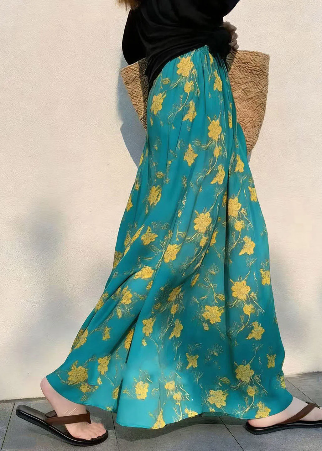 French Green Print Elastic Waist Draping A Line Skirts - Image 5