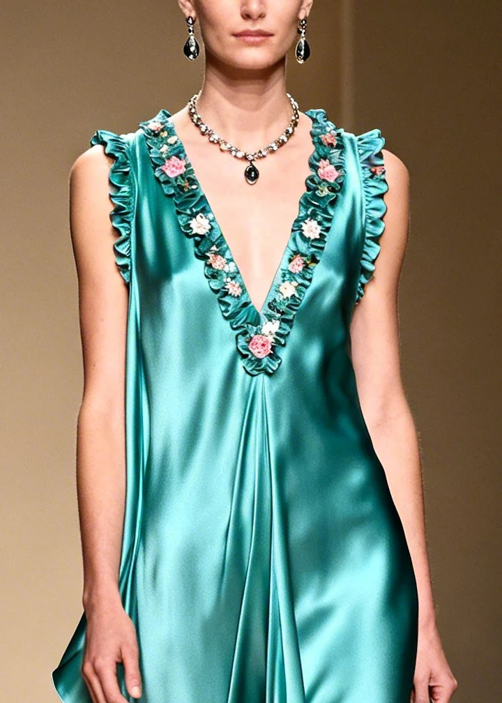 French Green Ruffled Asymmetrical Design Exra Large Hem Silk Holiday Dress Summer - Image 2